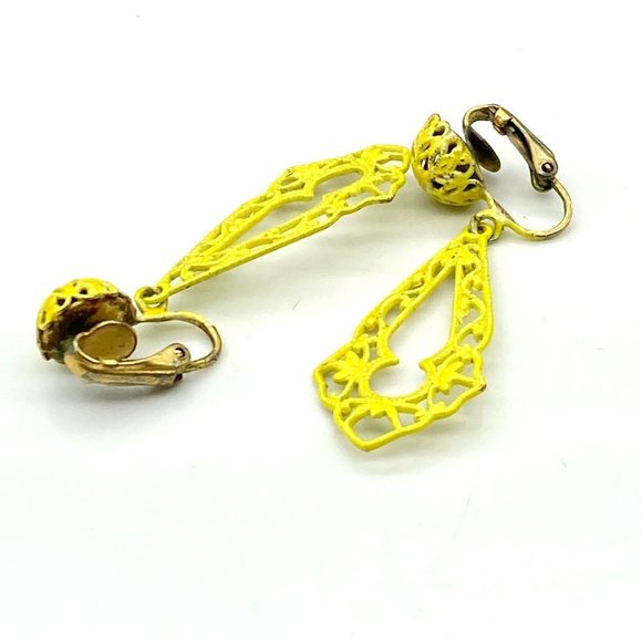 Summer Spritz Filigree Dangle Earrings, Vintage Bright Yellow Enamel Drop Clip - Picture 4 of 5